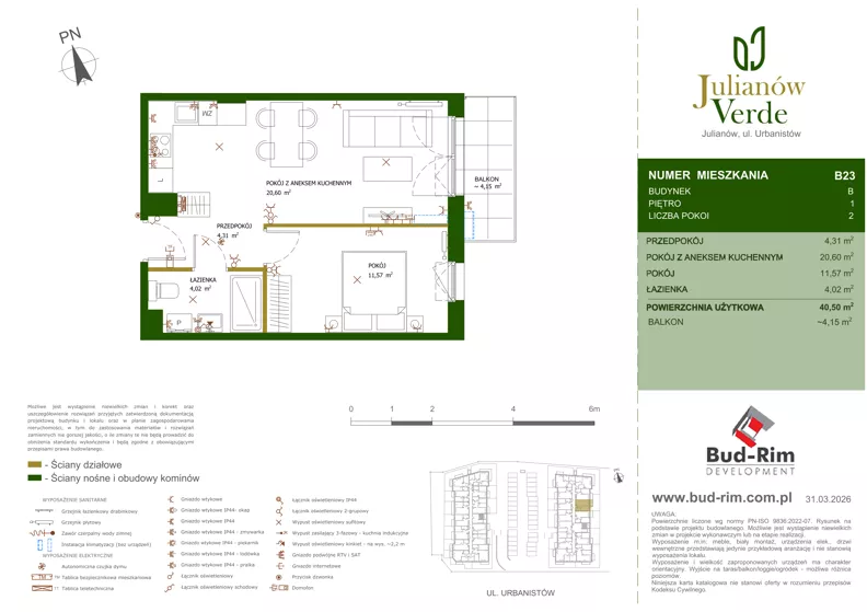 2 pokoje, mieszkanie 40,50 m², piętro 1, oferta nr 23, Julianów Verde II, Julianów, ul. Urbanistów