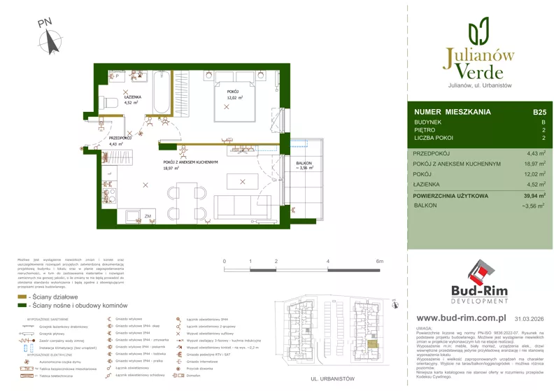 2 pokoje, mieszkanie 39,94 m², piętro 2, oferta nr 25, Julianów Verde II, Julianów, ul. Urbanistów