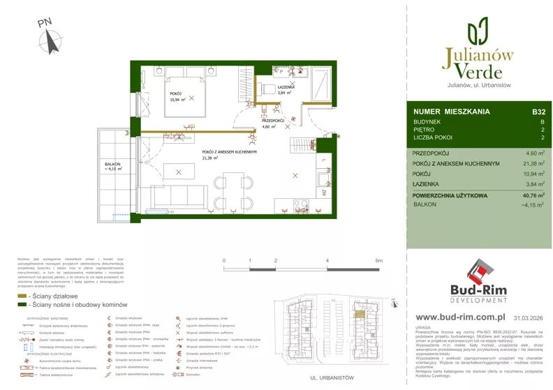 2 pokoje, mieszkanie 40,76 m², piętro 2, oferta nr 32, Julianów Verde II, Julianów, ul. Urbanistów