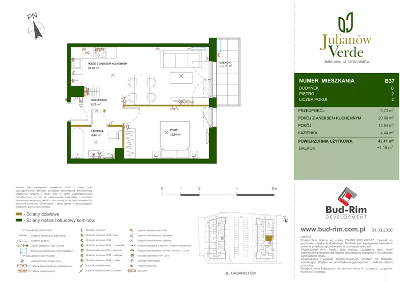 2 pokoje, mieszkanie 42,41 m², piętro 2, oferta nr 37, Julianów Verde II, Julianów, ul. Urbanistów