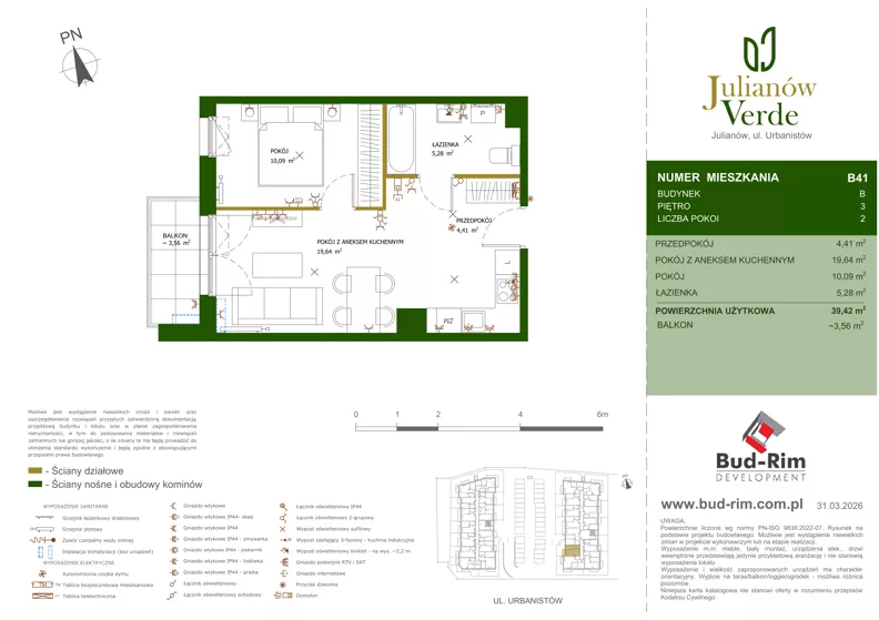 2 pokoje, mieszkanie 39,42 m², piętro 3, oferta nr 41, Julianów Verde II, Julianów, ul. Urbanistów