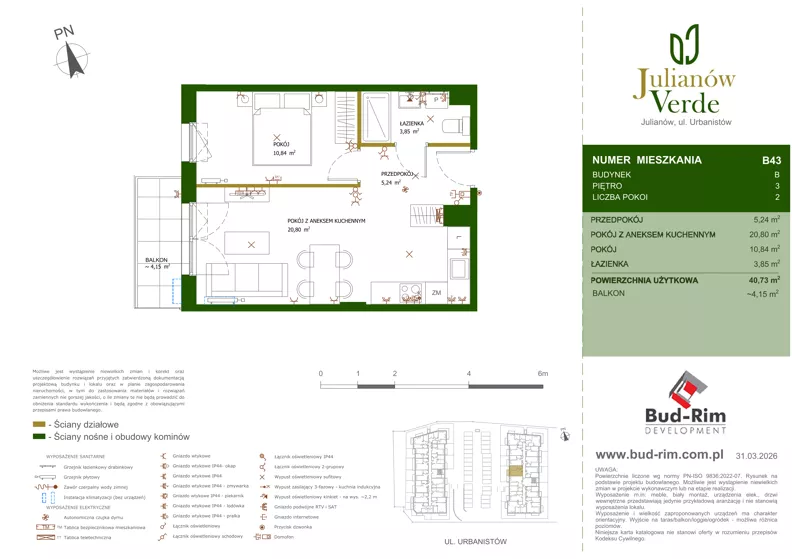 2 pokoje, mieszkanie 40,73 m², piętro 3, oferta nr 43, Julianów Verde II, Julianów, ul. Urbanistów