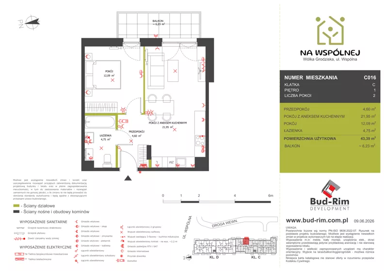2 pokoje, mieszkanie 43,39 m², piętro 1, oferta nr 16, Na Wspólnej Etap II, Wólka Grodziska, ul. Wspólna 5
