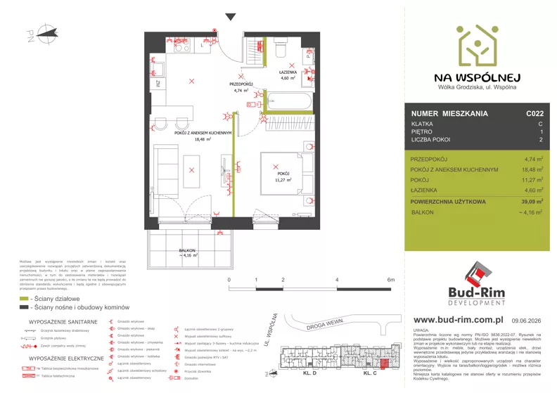 2 pokoje, mieszkanie 39,09 m², piętro 1, oferta nr 22, Na Wspólnej Etap II, Wólka Grodziska, ul. Wspólna 5