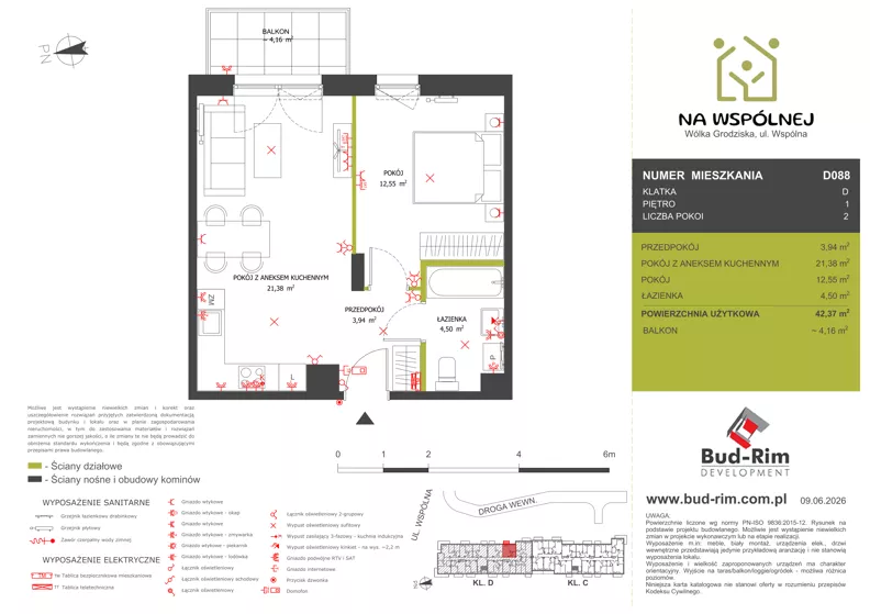 2 pokoje, mieszkanie 42,37 m², piętro 1, oferta nr 88, Na Wspólnej Etap II, Wólka Grodziska, ul. Wspólna 5