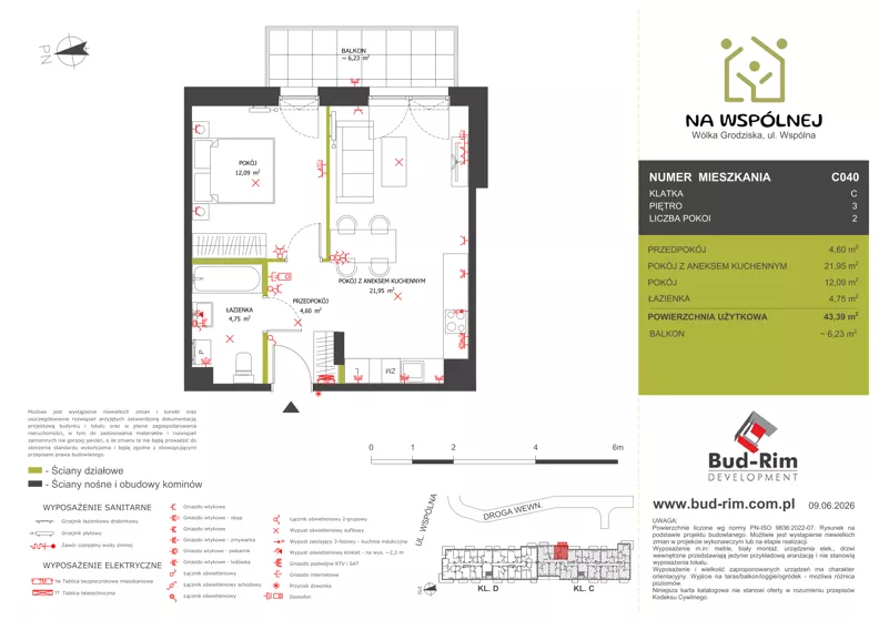 2 pokoje, mieszkanie 43,39 m², piętro 3, oferta nr 40, Na Wspólnej Etap II, Wólka Grodziska, ul. Wspólna 5
