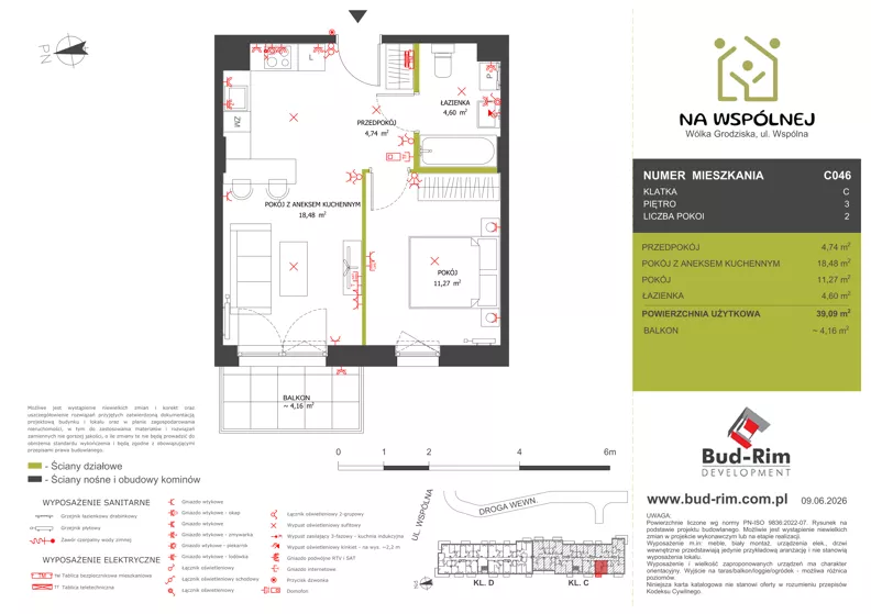 2 pokoje, mieszkanie 39,09 m², piętro 3, oferta nr 46, Na Wspólnej Etap II, Wólka Grodziska, ul. Wspólna 5