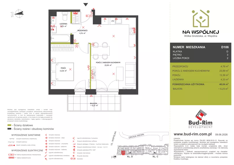 2 pokoje, mieszkanie 46,04 m², piętro 3, oferta nr 106, Na Wspólnej Etap II, Wólka Grodziska, ul. Wspólna 5