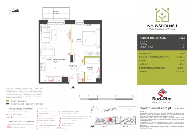 2 pokoje, mieszkanie 42,37 m², piętro 4, oferta nr 124, Na Wspólnej Etap II, Wólka Grodziska, ul. Wspólna 5