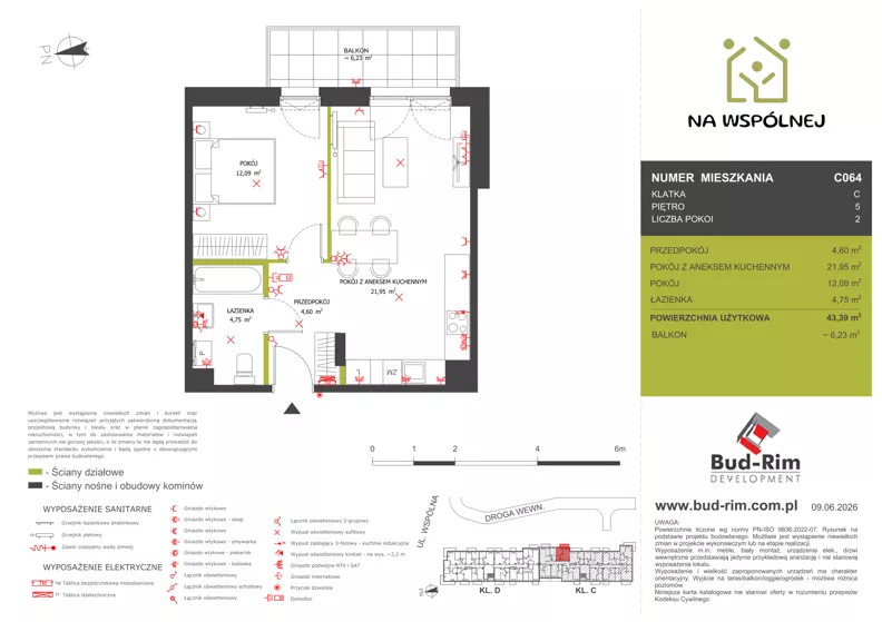 2 pokoje, mieszkanie 43,39 m², piętro 5, oferta nr 64, Na Wspólnej Etap II, Wólka Grodziska, ul. Wspólna 5