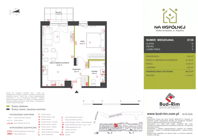 2 pokoje, mieszkanie 42,37 m², piętro 5, oferta nr 136, Na Wspólnej Etap II, Wólka Grodziska, ul. Wspólna 5