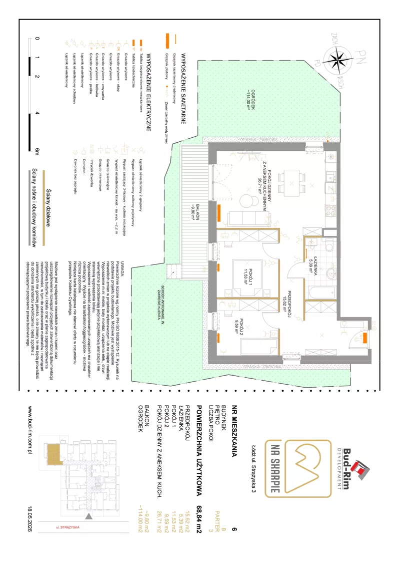 3 pokoje, mieszkanie 68,84 m², parter, oferta nr 6, Na Skarpie II, Łódź, Widzew, Sikawa, ul. Strążyska