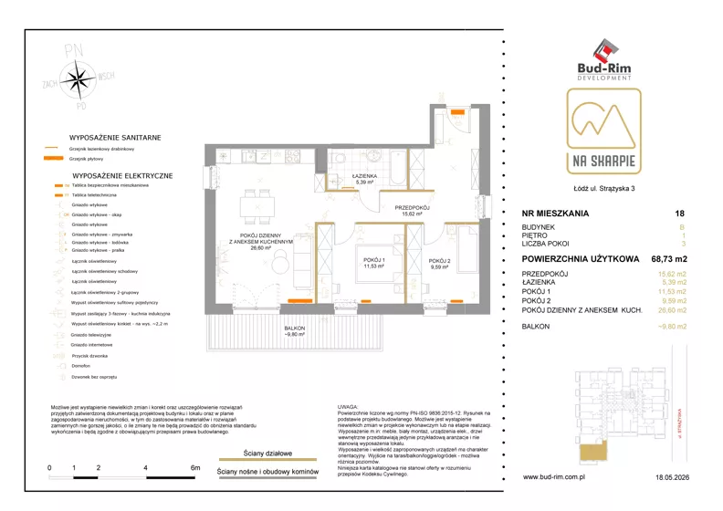 3 pokoje, mieszkanie 68,73 m², piętro 1, oferta nr 18, Na Skarpie II, Łódź, Widzew, Sikawa, ul. Strążyska