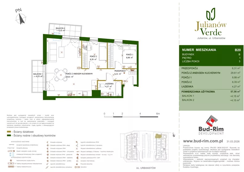 3 pokoje, mieszkanie 57,56 m², piętro 1, oferta nr 20, Julianów Verde II, Julianów, ul. Urbanistów