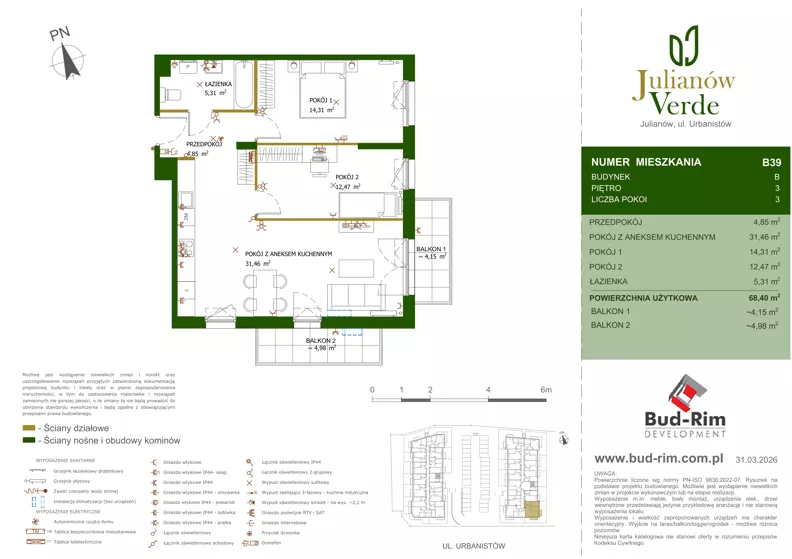 3 pokoje, mieszkanie 68,40 m², piętro 3, oferta nr 39, Julianów Verde II, Julianów, ul. Urbanistów