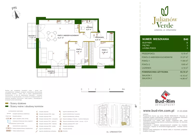 3 pokoje, mieszkanie 63,10 m², piętro 3, oferta nr 40, Julianów Verde II, Julianów, ul. Urbanistów