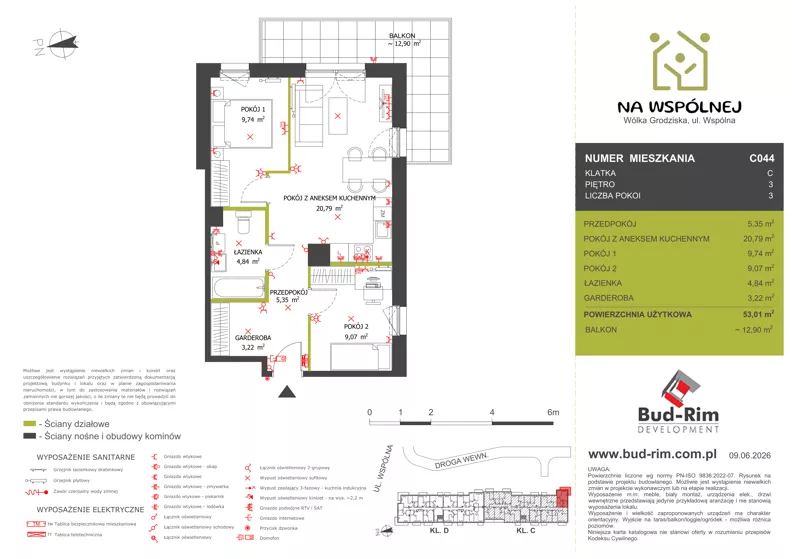 3 pokoje, mieszkanie 53,01 m², piętro 3, oferta nr 44, Na Wspólnej Etap II, Wólka Grodziska, ul. Wspólna 5