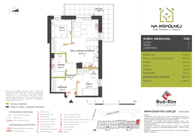 3 pokoje, mieszkanie 53,01 m², piętro 4, oferta nr 56, Na Wspólnej Etap II, Wólka Grodziska, ul. Wspólna 5