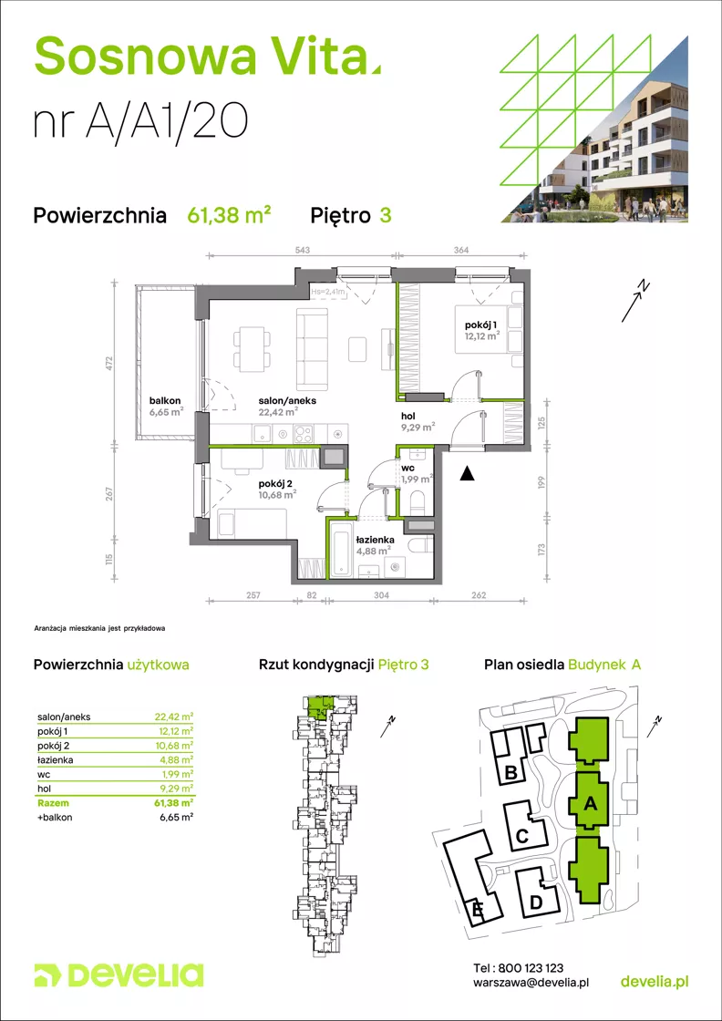 3 pokoje, mieszkanie 61,38 m², piętro 3, oferta nr A/A1/020, Sosnowa Vita, Józefów, Piłsudskiego