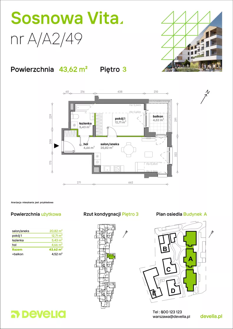 2 pokoje, mieszkanie 43,62 m², piętro 3, oferta nr A/A2/049, Sosnowa Vita, Józefów, Piłsudskiego