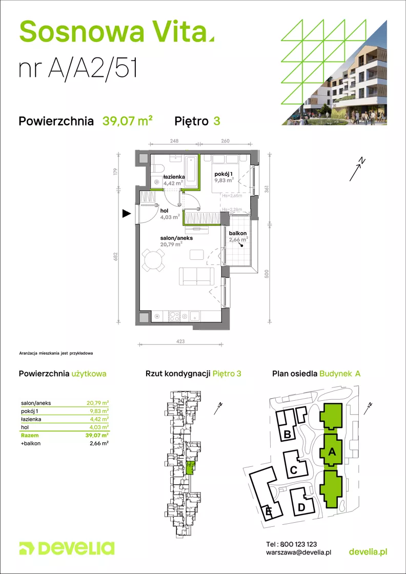 2 pokoje, mieszkanie 39,07 m², piętro 3, oferta nr A/A2/051, Sosnowa Vita, Józefów, Piłsudskiego