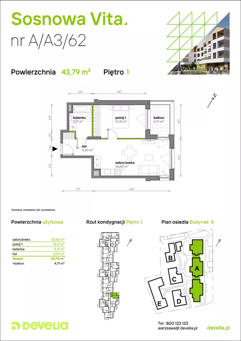 2 pokoje, mieszkanie 43,79 m², piętro 1, oferta nr A/A3/062, Sosnowa Vita, Józefów, Piłsudskiego