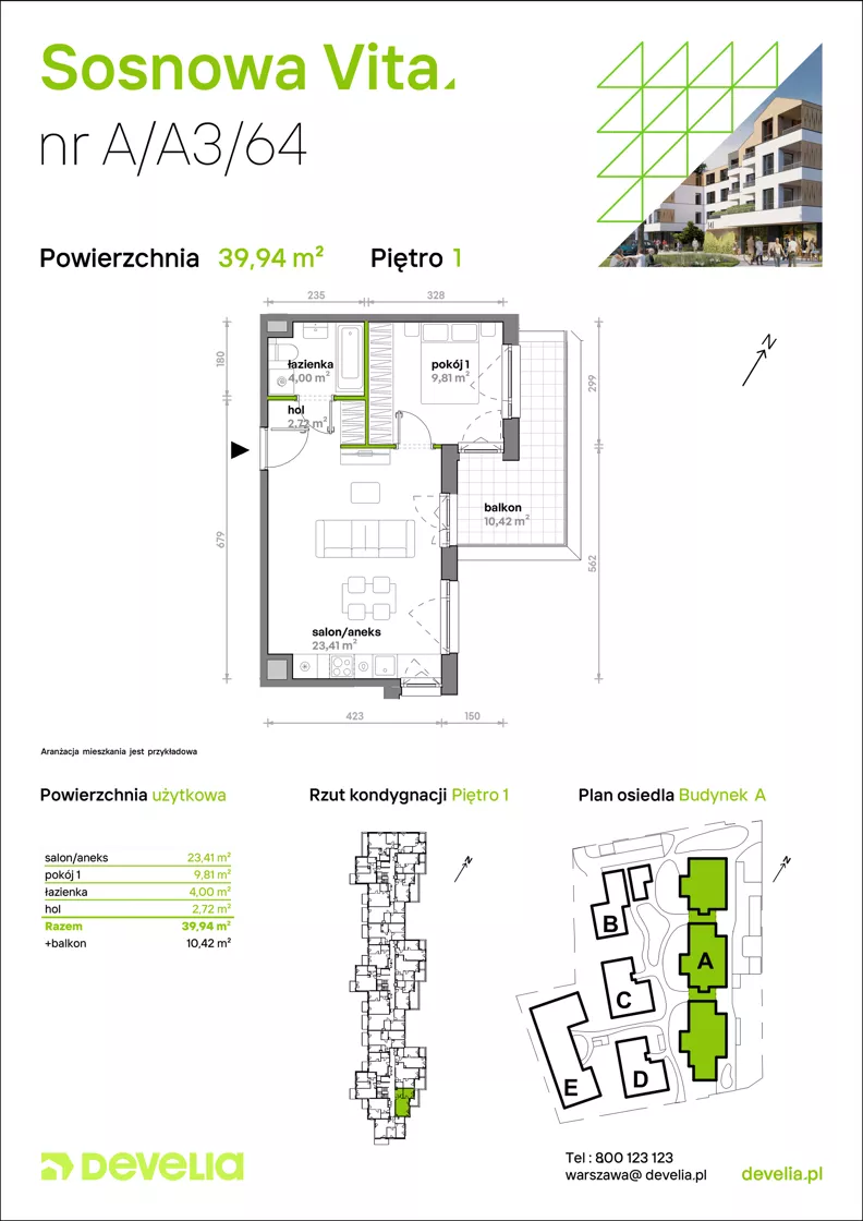 2 pokoje, mieszkanie 39,94 m², piętro 1, oferta nr A/A3/064, Sosnowa Vita, Józefów, Piłsudskiego