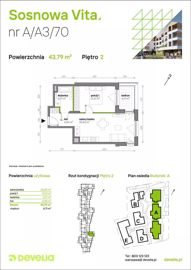 2 pokoje, mieszkanie 43,79 m², piętro 2, oferta nr A/A3/070, Sosnowa Vita, Józefów, Piłsudskiego