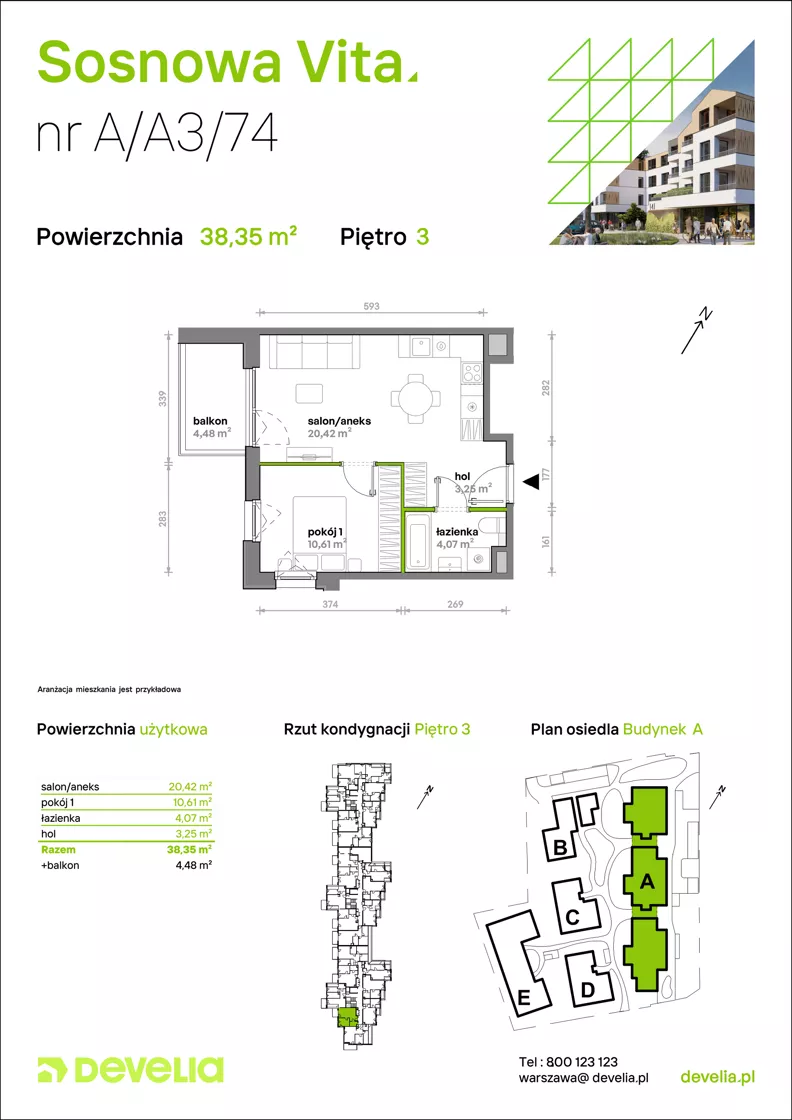 2 pokoje, mieszkanie 38,35 m², piętro 3, oferta nr A/A3/074, Sosnowa Vita, Józefów, Piłsudskiego