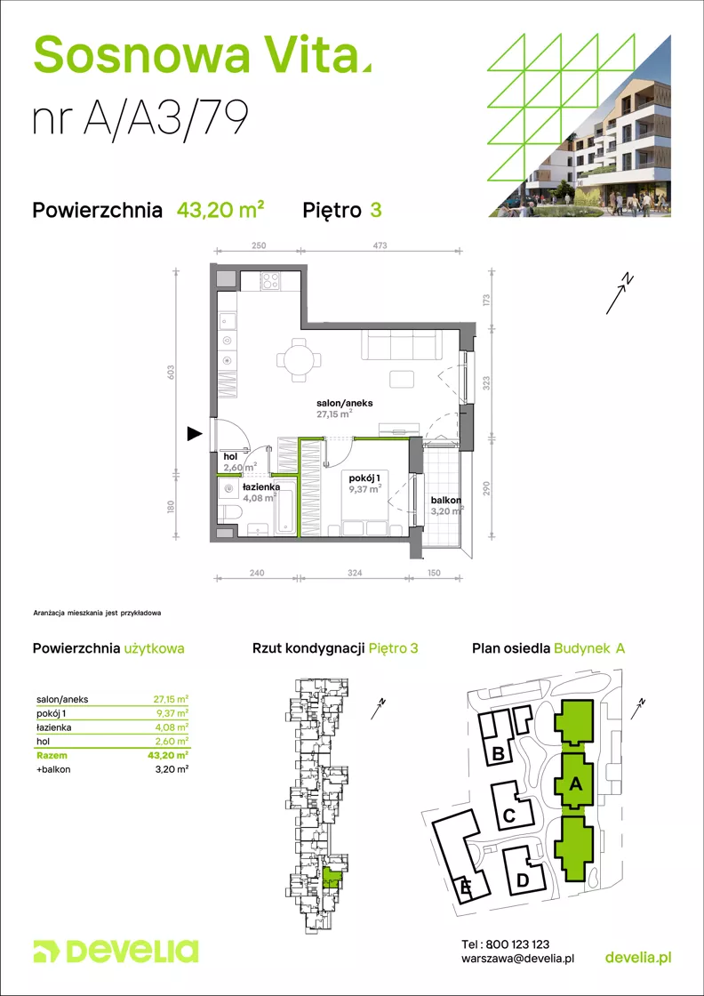 2 pokoje, mieszkanie 43,20 m², piętro 3, oferta nr A/A3/079, Sosnowa Vita, Józefów, Piłsudskiego
