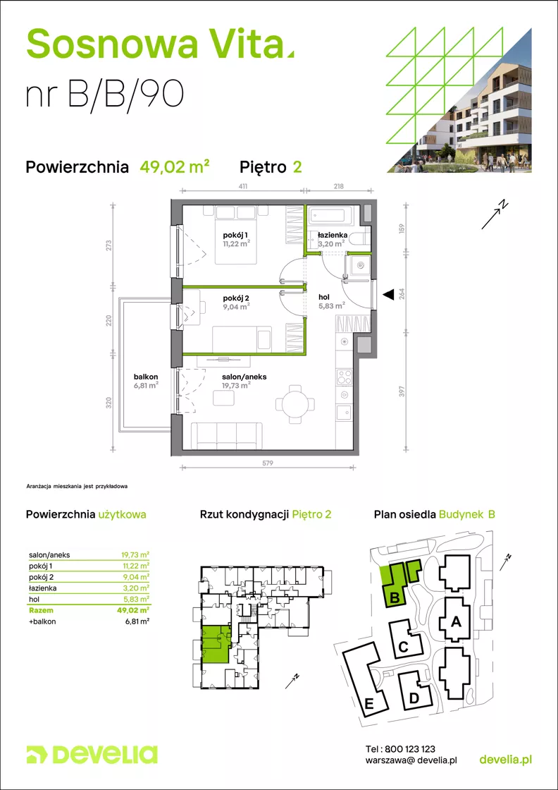 3 pokoje, mieszkanie 49,02 m², piętro 2, oferta nr B/B/090, Sosnowa Vita, Józefów, Piłsudskiego