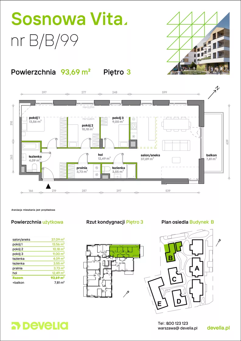 4 pokoje, mieszkanie 93,69 m², piętro 3, oferta nr B/B/099, Sosnowa Vita, Józefów, Piłsudskiego