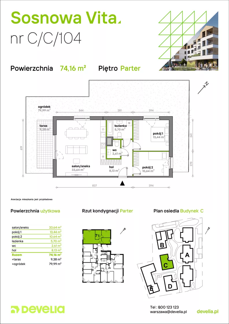 3 pokoje, mieszkanie 74,16 m², parter, oferta nr C/C/104, Sosnowa Vita, Józefów, ul. Piłsudskiego