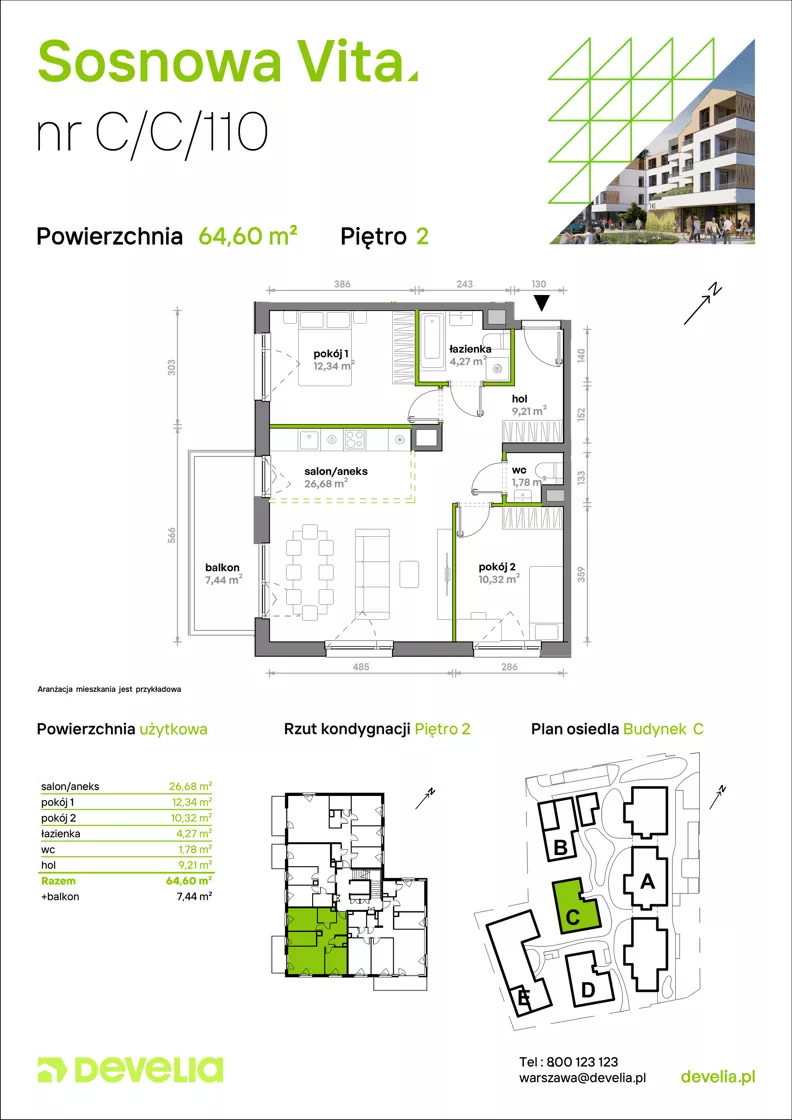 3 pokoje, mieszkanie 64,60 m², piętro 2, oferta nr C/C/110, Sosnowa Vita, Józefów, Piłsudskiego