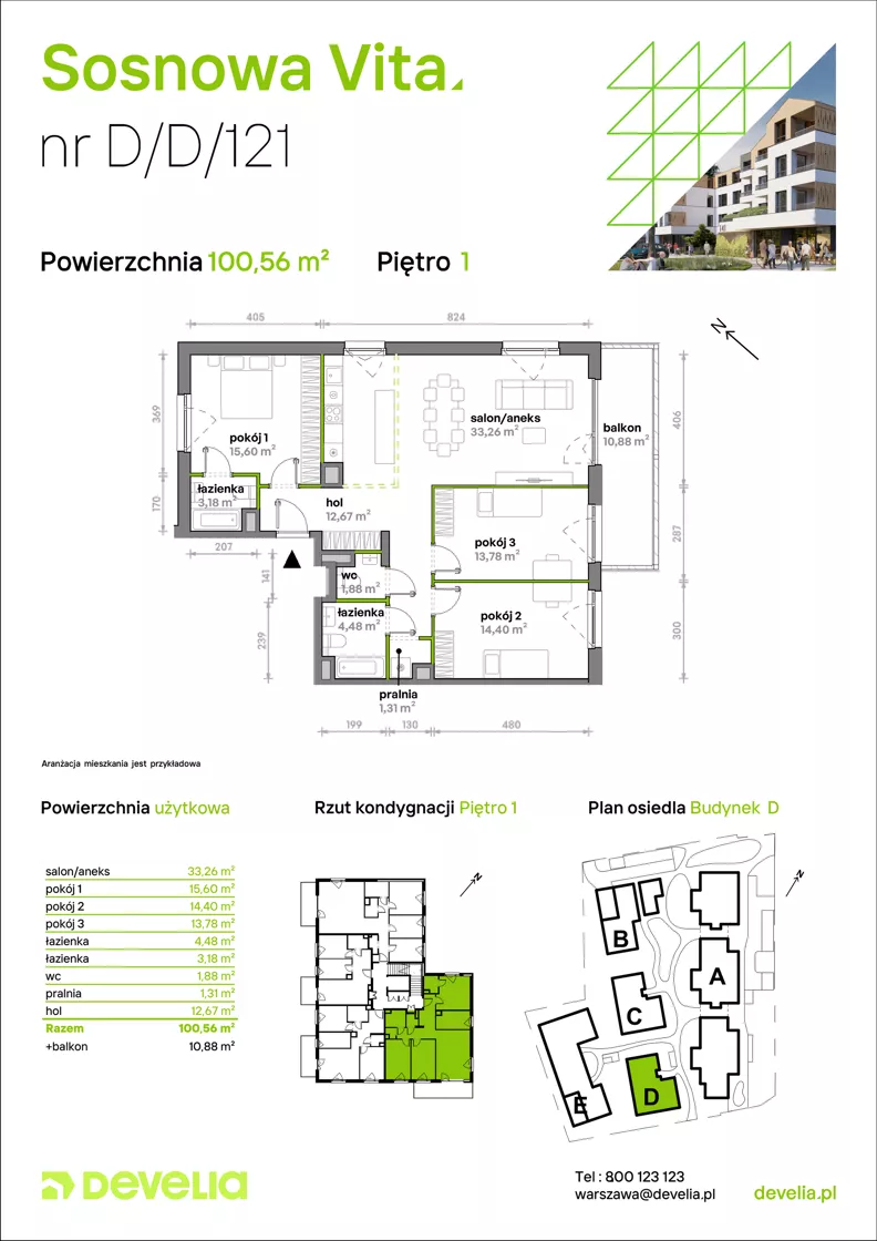 4 pokoje, mieszkanie 100,56 m², piętro 1, oferta nr D/D/121, Sosnowa Vita, Józefów, Piłsudskiego