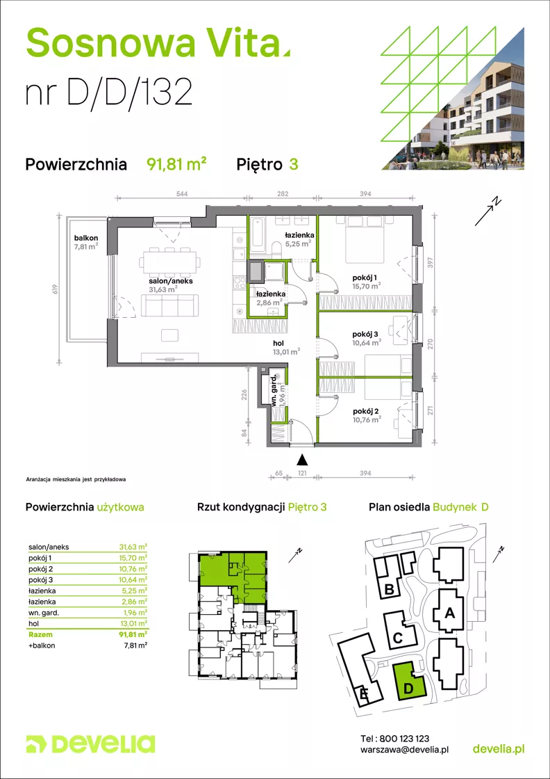 4 pokoje, mieszkanie 91,81 m², piętro 3, oferta nr D/D/132, Sosnowa Vita, Józefów, Piłsudskiego
