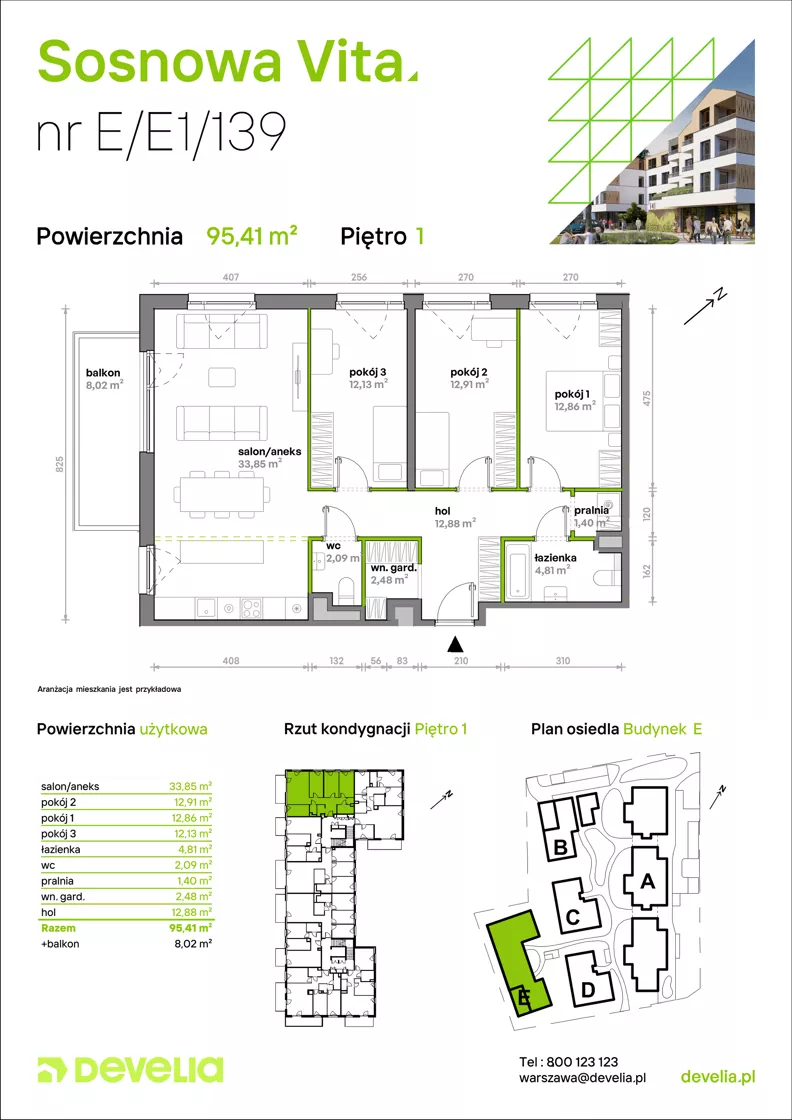 4 pokoje, mieszkanie 95,41 m², piętro 1, oferta nr E/E1/139, Sosnowa Vita, Józefów, Piłsudskiego