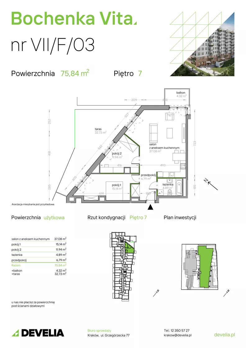 3 pokoje, mieszkanie 76,19 m², piętro 7, oferta nr VII/F/03, Bochenka Vita, Kraków, Podgórze Duchackie, ul. Bochenka