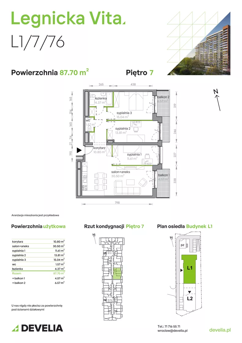 4 pokoje, mieszkanie 87,99 m², piętro 7, oferta nr L1/7/76, Legnicka Vita, Wrocław, Gądów-Popowice Południowe, Popowice, ul. Legnicka 52 A
