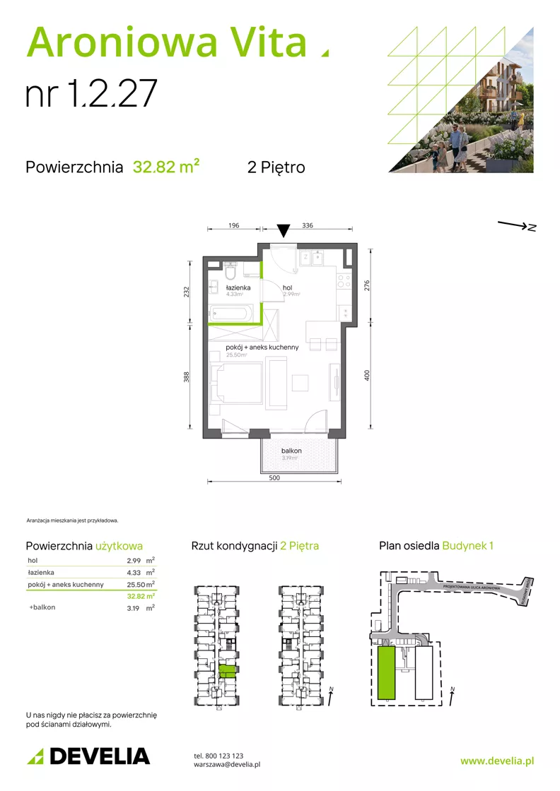 1 pokój, mieszkanie 32,82 m², piętro 2, oferta nr 1.2.27, Aroniowa Vita, Warszawa, Białołęka, ul. Ruskowy Bród 57C