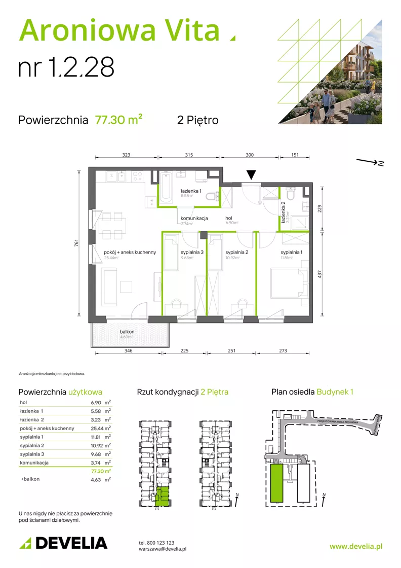 4 pokoje, mieszkanie 77,30 m², piętro 2, oferta nr 1.2.28, Aroniowa Vita, Warszawa, Białołęka, ul. Ruskowy Bród 57C