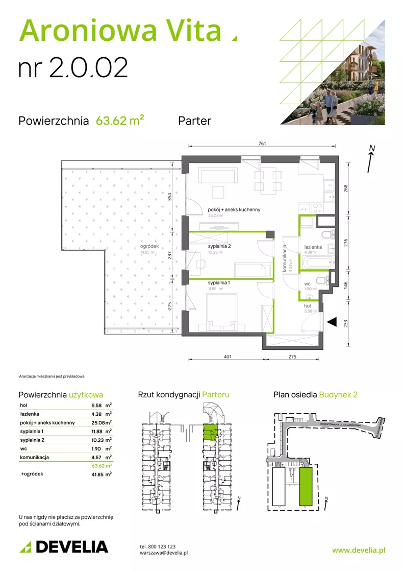 3 pokoje, mieszkanie 63,62 m², parter, oferta nr 2.0.02, Aroniowa Vita, Warszawa, Białołęka, ul. Ruskowy Bród 57C