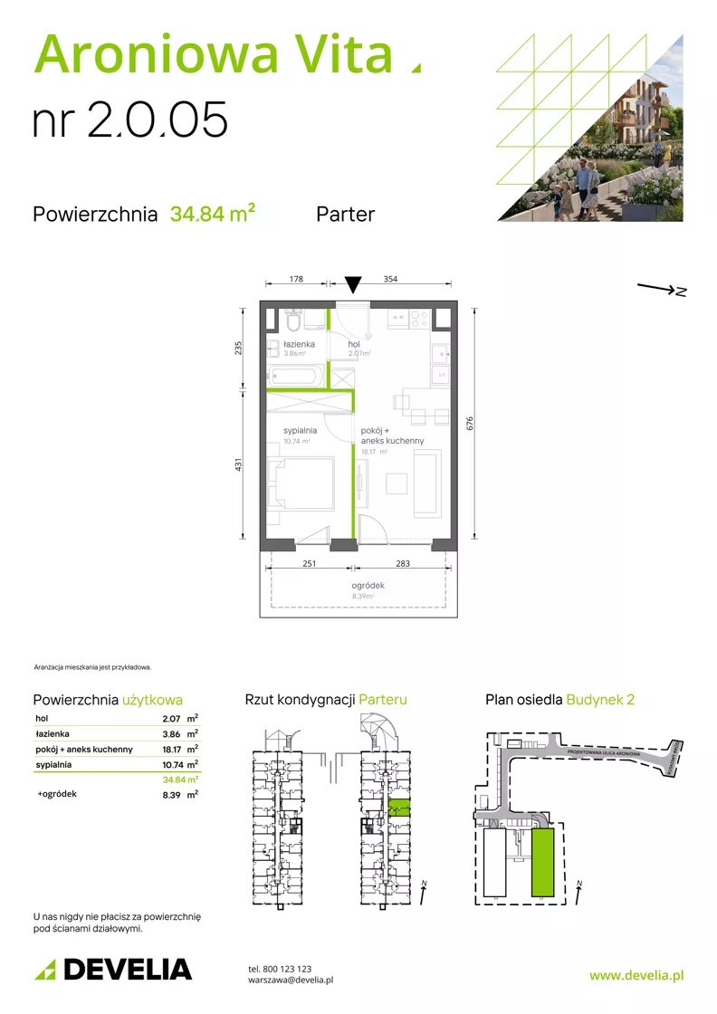 2 pokoje, mieszkanie 34,84 m², parter, oferta nr 2.0.05, Aroniowa Vita, Warszawa, Białołęka, ul. Ruskowy Bród 57C