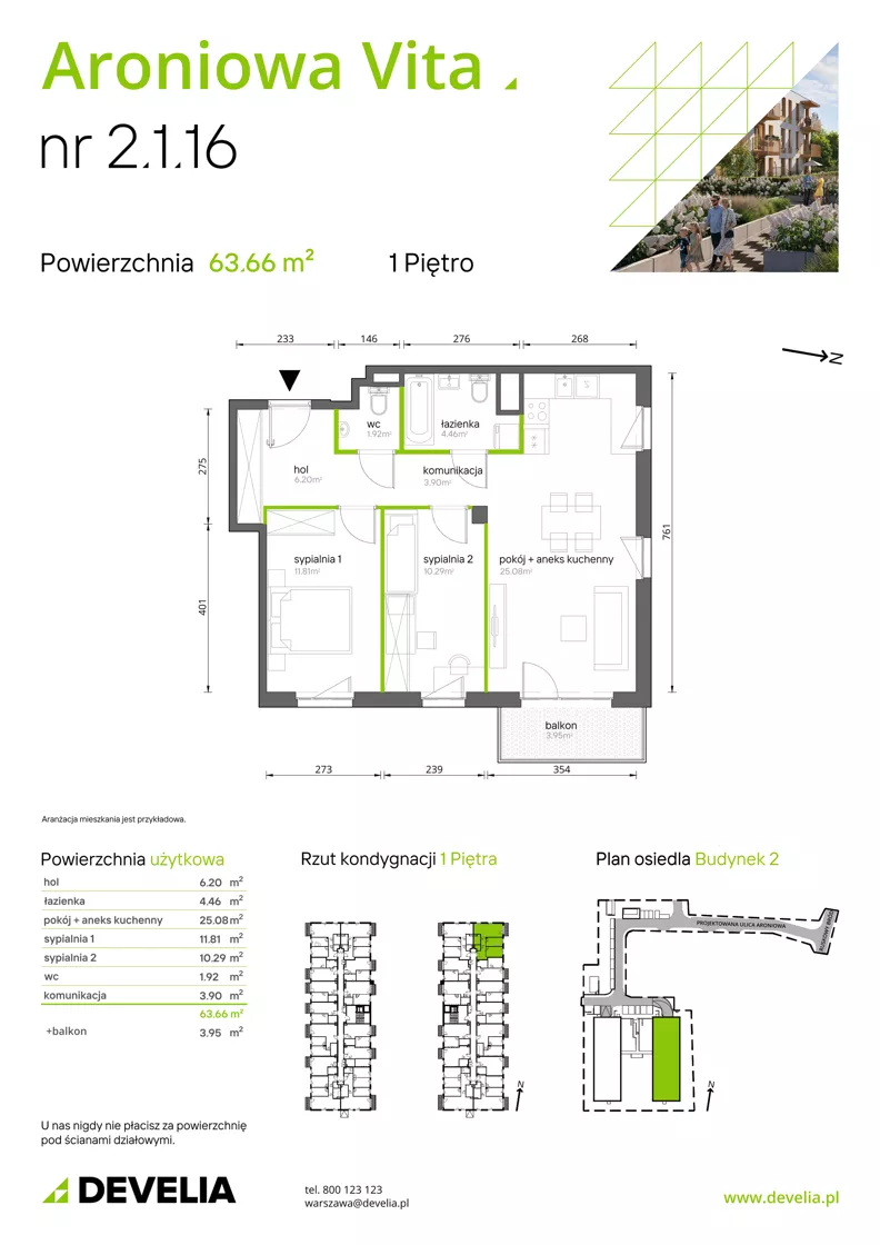 3 pokoje, mieszkanie 63,66 m², piętro 1, oferta nr 2.1.16, Aroniowa Vita, Warszawa, Białołęka, ul. Ruskowy Bród 57C