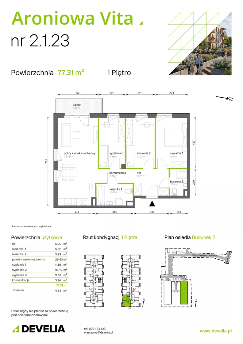 4 pokoje, mieszkanie 77,31 m², piętro 1, oferta nr 2.1.23, Aroniowa Vita, Warszawa, Białołęka, ul. Ruskowy Bród 57C