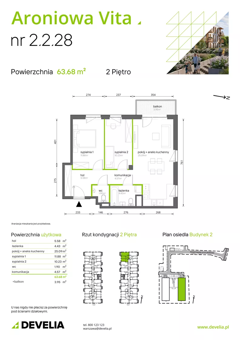 3 pokoje, mieszkanie 63,68 m², piętro 2, oferta nr 2.2.28, Aroniowa Vita, Warszawa, Białołęka, ul. Ruskowy Bród 57C
