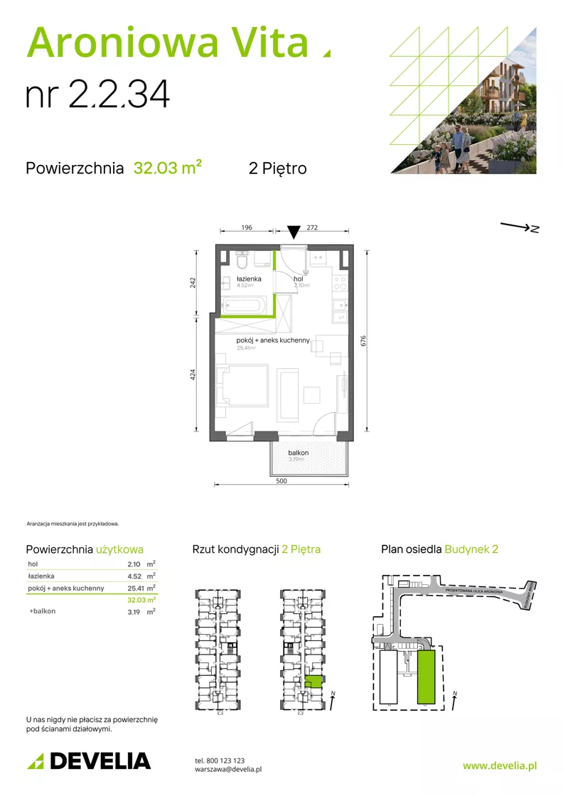 1 pokój, mieszkanie 32,03 m², piętro 2, oferta nr 2.2.34, Aroniowa Vita, Warszawa, Białołęka, ul. Ruskowy Bród 57C