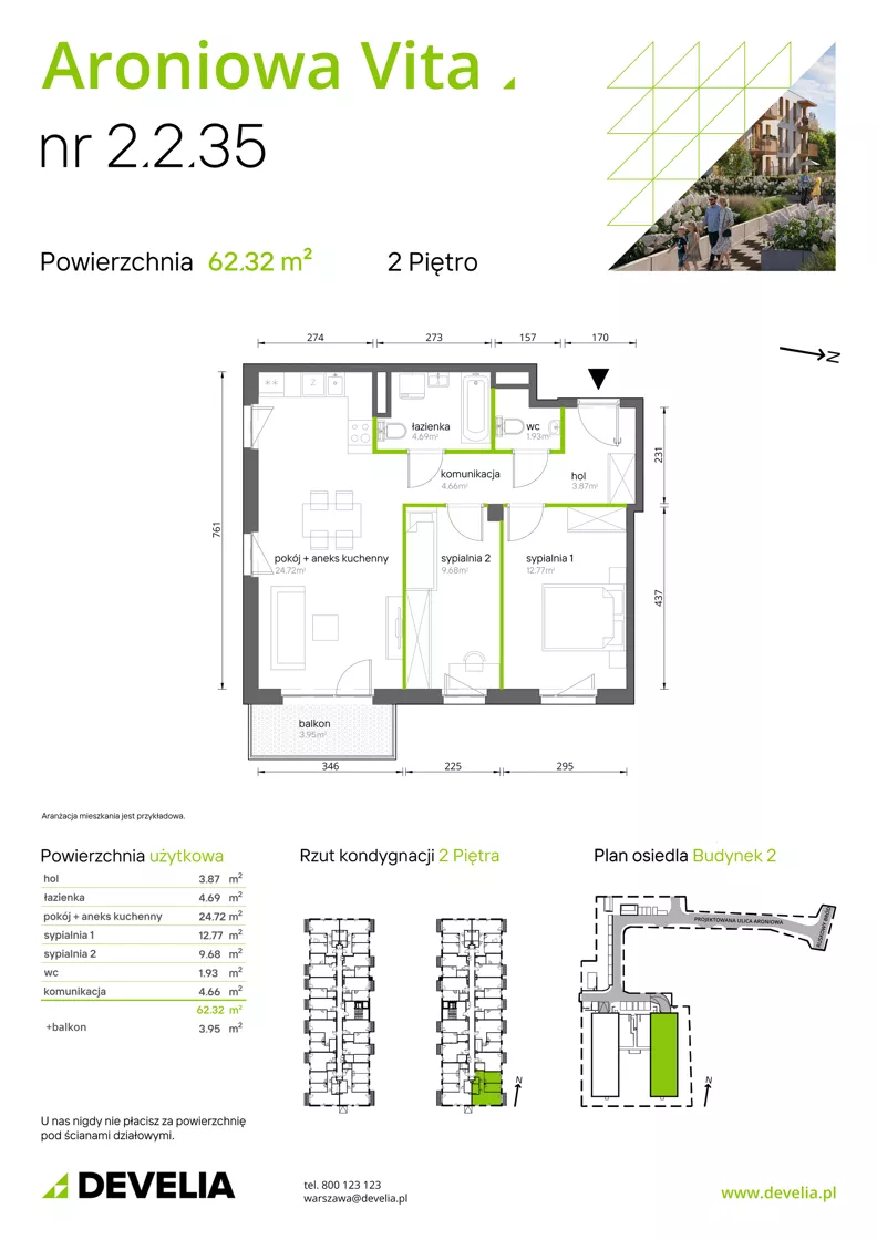 3 pokoje, mieszkanie 62,32 m², piętro 2, oferta nr 2.2.35, Aroniowa Vita, Warszawa, Białołęka, ul. Ruskowy Bród 57C