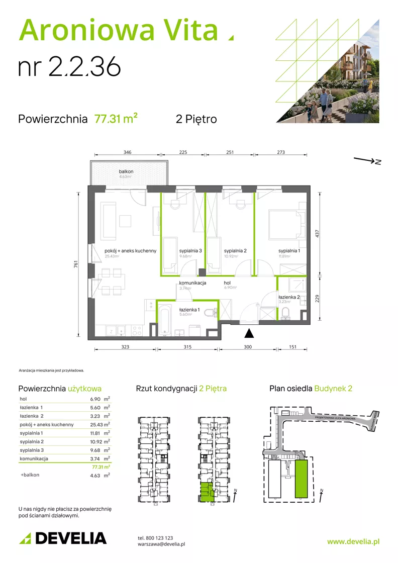 4 pokoje, mieszkanie 77,31 m², piętro 2, oferta nr 2.2.36, Aroniowa Vita, Warszawa, Białołęka, ul. Ruskowy Bród 57C