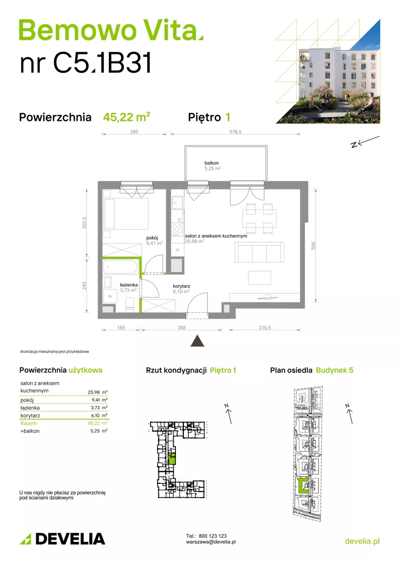 2 pokoje, mieszkanie 45,22 m², piętro 1, oferta nr C5.1B31, Bemowo Vita etap V, Warszawa, Bemowo, Chrzanów, ul. Szeligowska 57